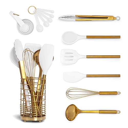 White & Gold Kitchen Tools and Gadgets - Luxe 8PC Cooking Tools and Gadgets  with Anti-Slip Handles, Gold Utensils Set, Gold Kitchen Accessories and