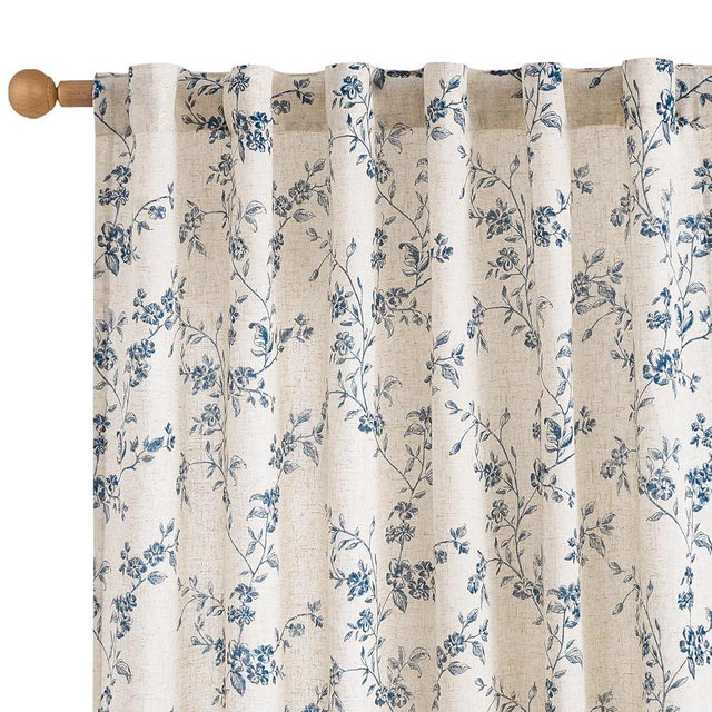 Lazzzy Blue Floral Linen Curtains 84 Inch Length Farmhouse Curtain Back Tab Drapes for Living Room Bedroom Light Filtering Vintage Rod Pocket Curtains, 2 Panels, Blue on Beige