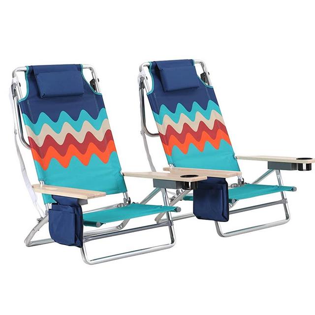 GREEN PARTY 2 PCS Aluminum Beach Chair 5 Positions Portable Folding Reclining Chair with Cooler Bag, Tower Bar, Cup Holder, Pocket, Armrest for Sand,Sunbathing, Camping, Lawn, Support 250LBS, Blue