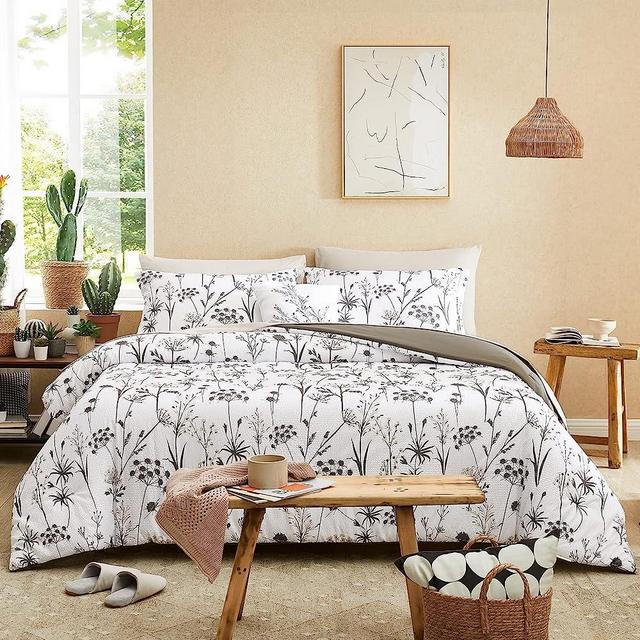CASAAGUSTO King Comforter Set 8 PCS White & Grey Dandelion Plant Comforter Set with Flowers Leaves Pattern Soft Seersucker Design All Season Microfiber Bedding Set with Decor Pillow (102"X90")