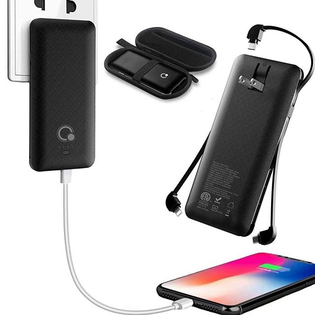 10000mAh Power Bank, Slim Portable Charger,4 Output and Dual Input External Battery Pack with Built-in AC Wall Plug Micro USB Type C Three Cables with USB Output Compatible with mobilephone …