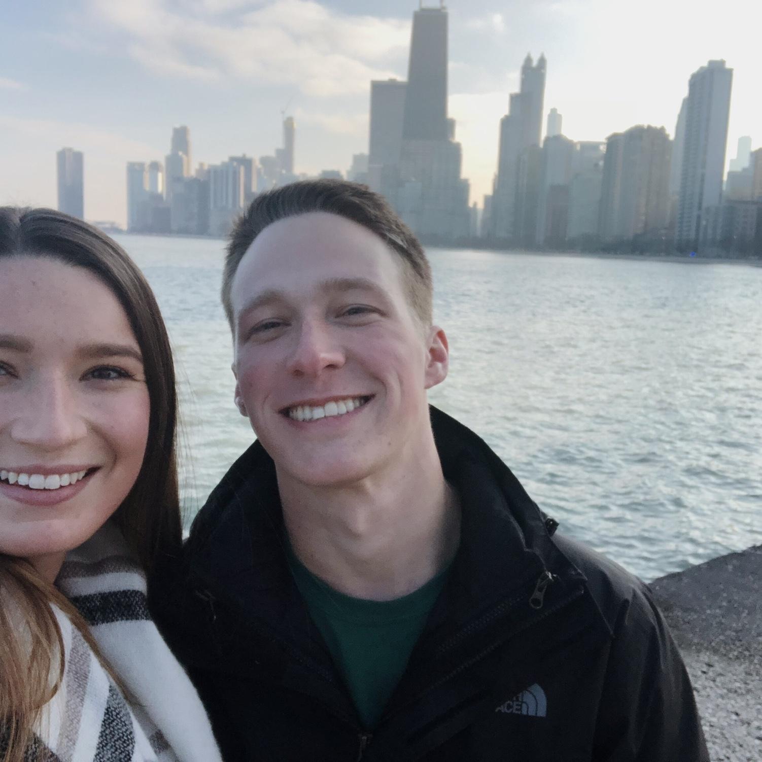 Keegan’s first time visiting Olivia in Chicago during winter break. They saw their first comedy show together at the Vic Theatre—now around the corner from their first apartment together.