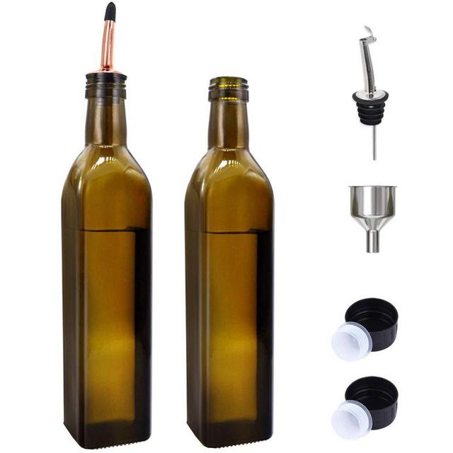 GMISUN Olive Oil Dispenser Bottle Set, Dark Brown Glass Oil and Vinegar Dispenser Cruet with Spouts and Funnel Cooking Oil Carafe Decanter for Kitchen 17 oz/500ml - 2 Pack