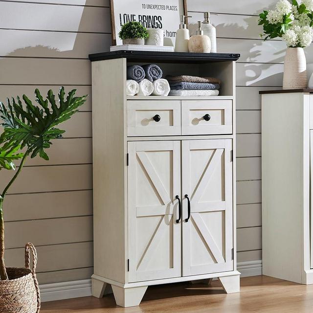 ACCOHOHO Bathroom Floor Cabinet, Farmhouse Bathroom Storage Cabinet, 24" Wide Bathroom Cabinet with Drawer, Adjustable Shelf, Barn Doors, Cabinet for Bathroom, Kitchen, Living Room, Off White