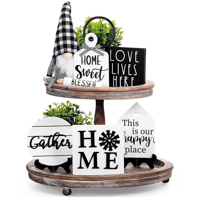 Yalikop 10 Pieces Farmhouse Decor for Tiered Tray, Black White Buffalo Plaid Gnome Wooden Mini Sign Rustic Table Ornaments with String Lights Kitchen Decoration, Housewarming Gift (Home Style)