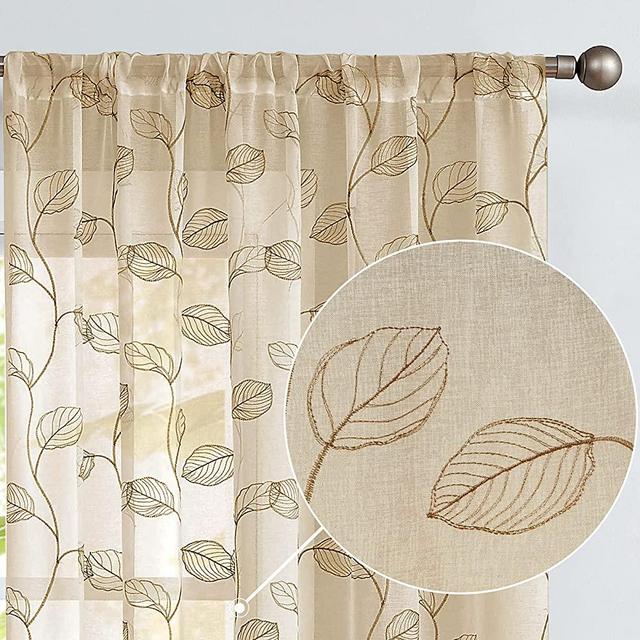 Embroidered Sheer Curtains for Living Room 54 inch Long Geometric Leaf Embroidery Voile Window Curtains Rod Pocket Bedroom Window Treatment Set 2 Panels Taupe