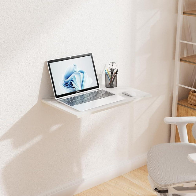 GOYLSER Wall Mounted Table Fold Down Workbench Length 25" Width 15.7", White Marble Laundry Floating Desk for The Garage/Shed/Office/Bar/Home Kitchen & Dining Room