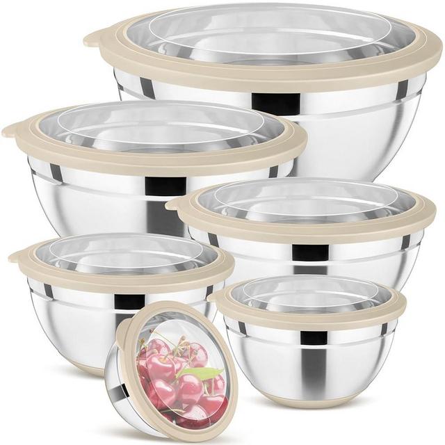 P&P CHEF Khaki Mixing Bowls Set of 6, Stainless Steel Mixing Bowl with Visible Lids for Salad, Metal Nesting Serving Bowls for Kitchen Cooking Prepping Storing Food, 4.6/3.5/2.6/2/1.5/1 QT