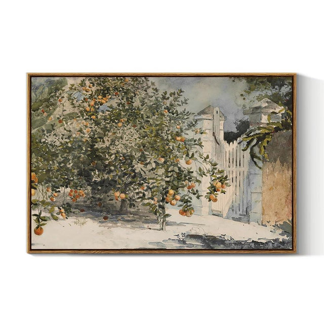VIYYIEA Vintage Plant Large Framed Wall Art, Orange Trees and Gate Painting Decor Aesthetic, 20x30 Inch Canvas Print Artwork, Farmhouse Still Life Wall Pictures for Bedroom Living Room