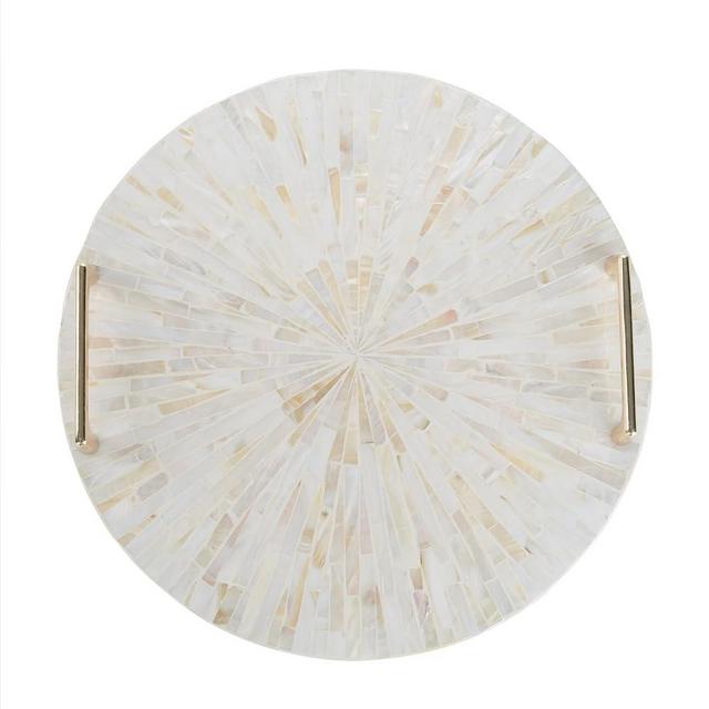 PEMAR Mother of Pearl Decorative Tray, 13" Round Versatile Display and Serving Tray with Gold Handles, Vanity/Perfume/Trinket Tray, Catchall for Dresser, Bathroom, Vanity Table (White Sunlight)