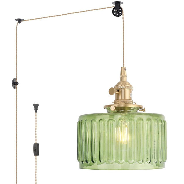 Shenmoyl Plug in Pendant Light Hanging Light Fixture Corded On/Off Switch Brass Pendant Light with Green Striped Glass Lampshade for Bedroom Living Room Kitchen Island