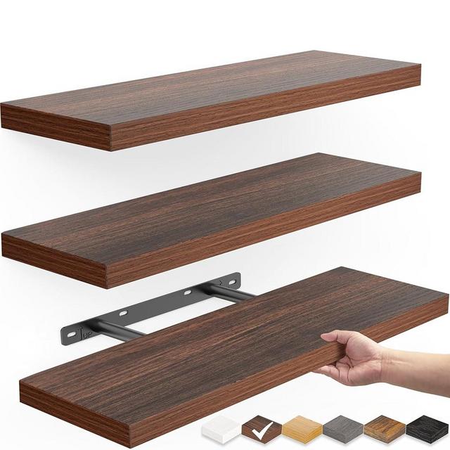 BAYKA Floating Shelves for Wall, Wall Mounted Rustic Wood Shelves for Bathroom, Bedroom, Living Room, Kitchen,Small Hanging Shelf for Books/Storage/Room Decor (Walnut-Like, Set of 3, 15.7in)