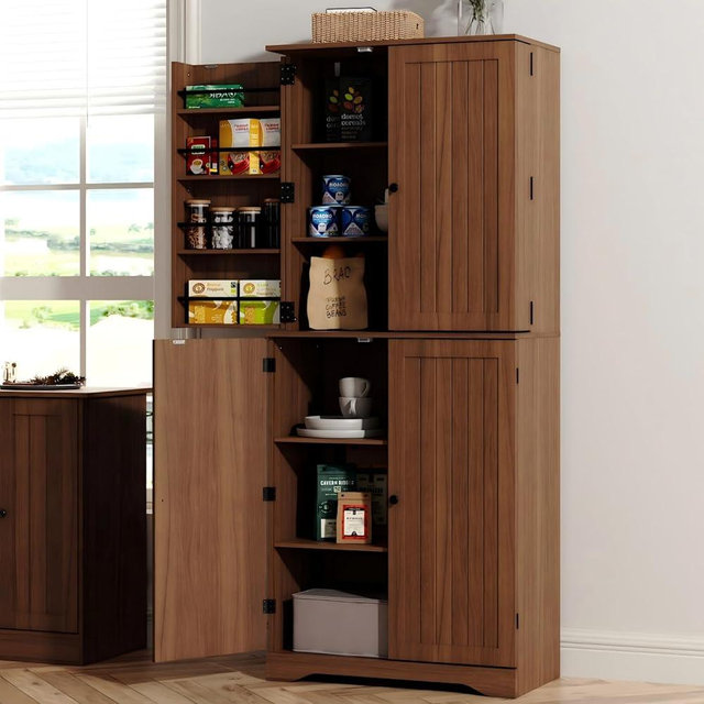 Furnify 72" Tall Kitchen Pantry, Farmhouse Pantry Storage Cabinet with Doors Organizer, Freestanding Cupboard with Adjustable Shelves, Rustic Buffet Cabinet for Kitchen, Dining Room, Bathroom, Walnut