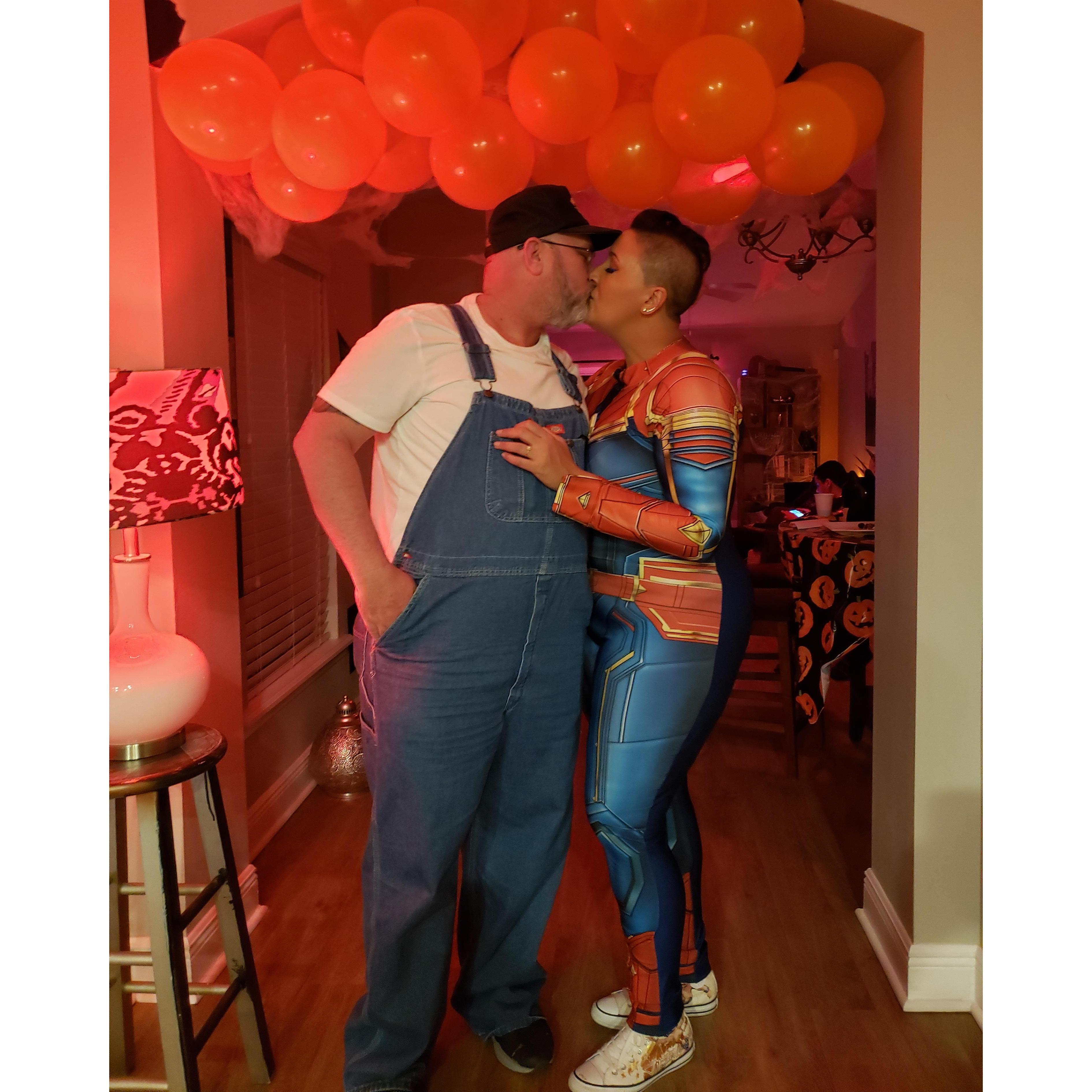 First Halloween dressing up! Farmer Ian and Captain Marvel.