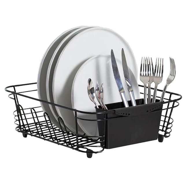 Better Houseware Dish Drying Rack, Space-Saving Dish Drainer Rack for Kitchen Counter, Stainless Steel Kitchen Dish Strainer 2-Piece Set with Utensil Holder, Black