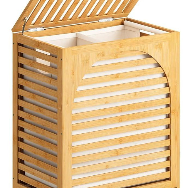 Laundry Hamper with Lid, 27.3 Gallon (103L) Bamboo Wood Clothes Laundry Basket with Lid and Handles, Removable Liner