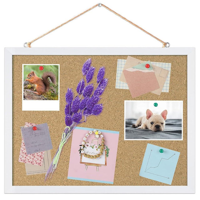 FEBSNOW Cork Board Bulletin Board 15.7 x 12 Inches with Rectangle White Frame Hanging Pin for Office Home Message Board or Vision Board Decoration