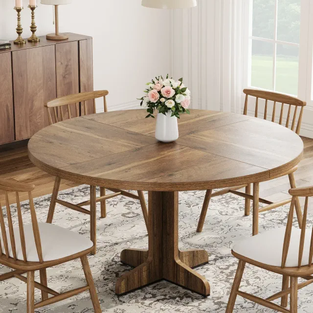 Round Dining Table for 4, 47 In Farmhouse Circle Kitchen Table with Wood Tabletop & Stable Base,for Home Dining Room Living Room -Brown