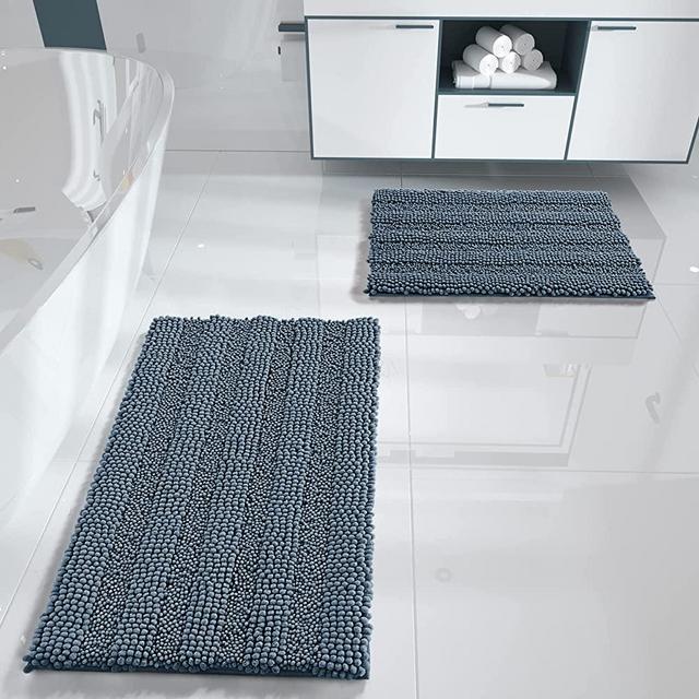Yimobra Luxury Chenille Shaggy Bathroom Rug Set, 2 Pack Soft Fluffy Plush Bath Mat, Extra Thick, Non-Slip, Water Absorbent, Machine Washable, Bath Mats for Bathroom (Denim Blue, 20" x 32"+17" x 24")
