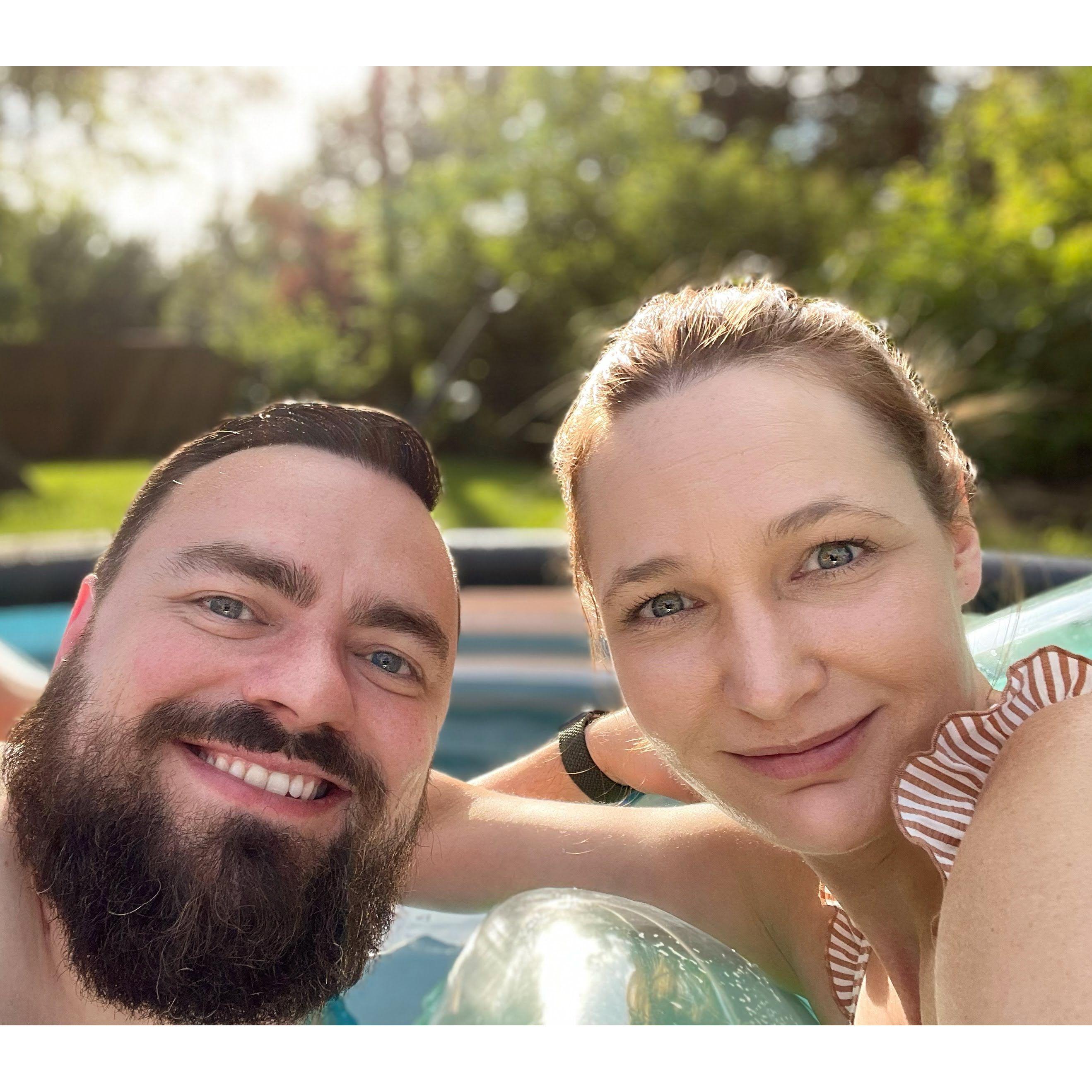 Floating in our cowboy pool, a favorite pastime.