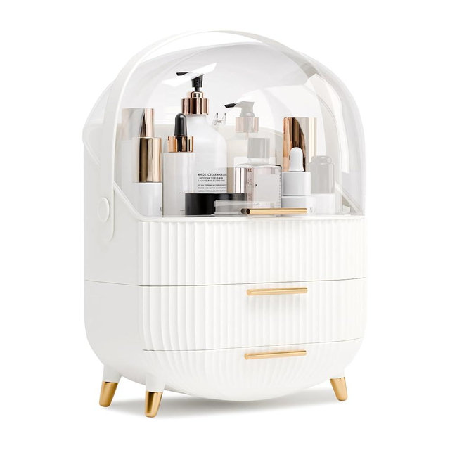 lurcns Makeup Organizers and Storage, Make up Organizer for Vanity Cosmetics Skincare Organizers With Lid and Drawers Display Cases for Countertop（White）