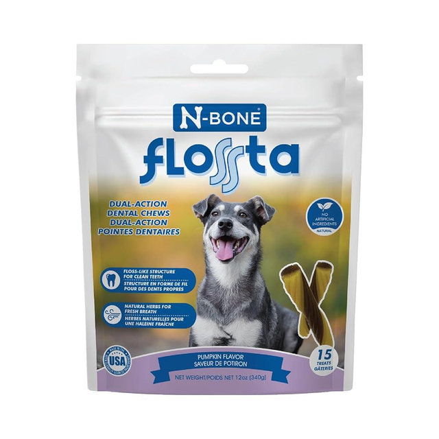 N-Bone Flossta Dual Action Dental Chews for Dogs, Unique Twist Shape for Deep Teeth Cleaning and Proactive Dental Care, Pumpkin Flavor, 15 Count 12-oz Bag