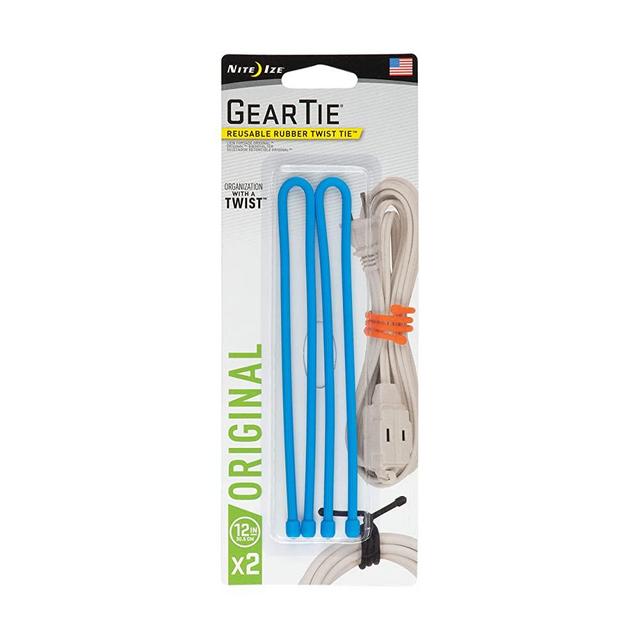 Nite Ize Original Gear Tie, Reusable Rubber Twist Tie, 12-Inch, Bright Blue, 2 Pack, Made in The USA