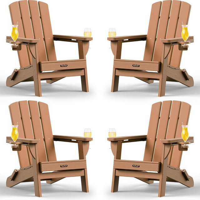 SUUNYN Folding Adirondack Chair 4 Pack, HDPE All-Weather Fire Pit Chairs, Plastic Adirondack Chairs with 2 Cup Holder, Outdoor Lawn Chair for Patio Garden (Teak)