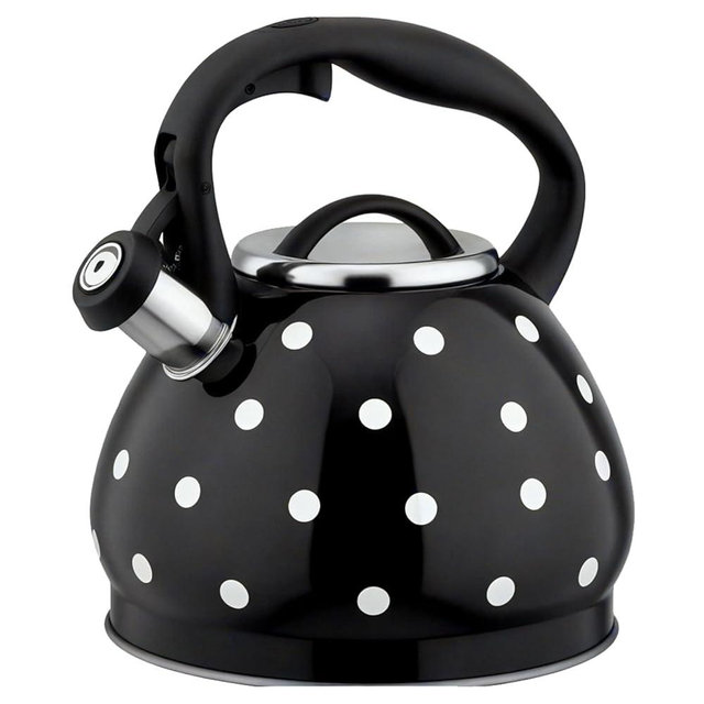 Tea Kettle Stovetop, Whistling Teapot 304 Stainless Steel 3.2 Quart Teakettle, Polka Dot Teapots for Stove Top, Whistle Tea Pot with Cool Touch Ergonomic Handle (Black/White, 3.2 Quarts)