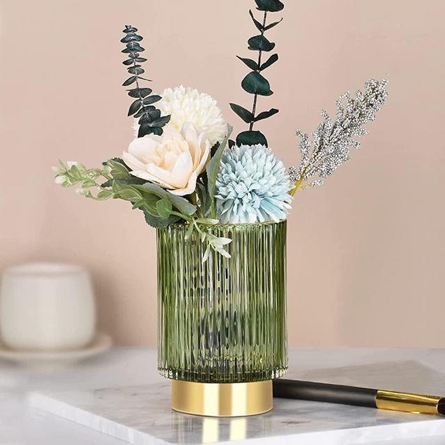 Glass Vase, Gold-Tone Metal Base , Flower Vase Decorative for Home Office Wedding Holiday Party Celebrate. Glass Plant Vase
