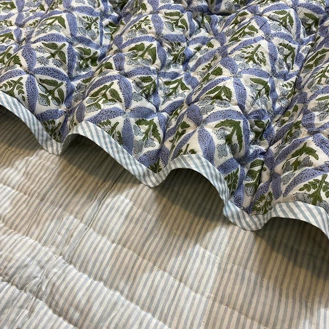 Ridhi Block Print Reversible Cozy Quilt Light Steel Blue Twin 60" X 90" Lightweight Blanket for Sofa, Couch, Bed Soft Breathable Comforter Handmade Bedspread Duvet for Farmhouse, Home, Winter