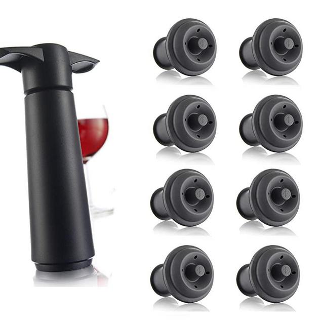 Vacu Vin Black Pump with Wine Saver stoppers - Keeps wine fresh for up to 10 days (Black 8 Stoppers)