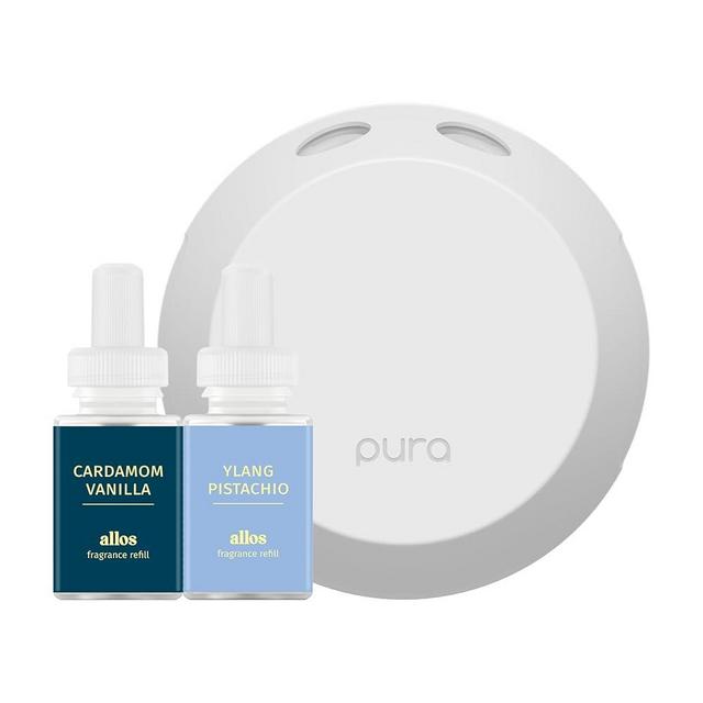 Pura 4 Smart Home Fragrance Diffuser Starter Set - Adjustable Smart Diffuser with Oil Fragrance Refills - Waterless Diffuser for Bedroom & Office - Allos Cardamon Vanilla, Allos Ylang Pistachio