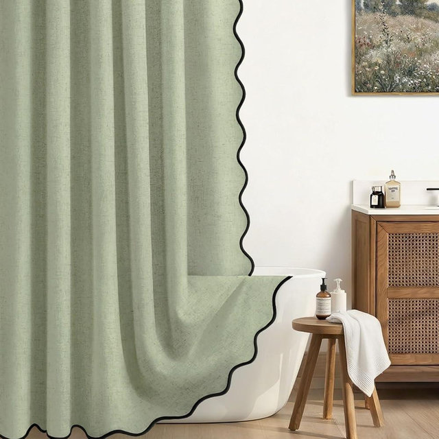 XOGUIBO Linen Shower Curtain Flax Green Cute Black Scalloped Boho Modern Shower Curtains for Bathroom Set, 72" W x 72" L