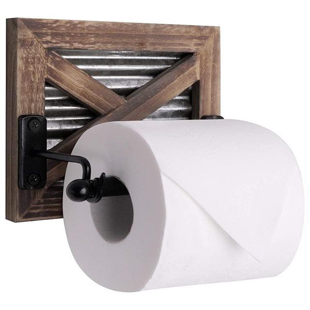 Autumn Alley Rustic Farmhouse Barn Door Toilet Paper Holder | Constructed of Warm Brown Wood, Corrugated Metal and Black Metal | Adds Functional Farmhouse Charm to Your Bathroom