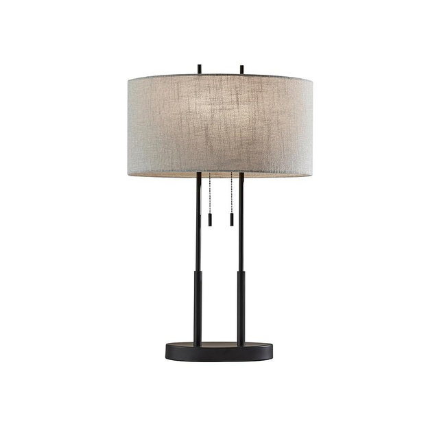 Adesso Duet Table Lamp with Dual Pull Chains, Antique Bronze Finish, Taupe Fabric Shade – 27” Tall, Versatile Bedside Table or Desk Lamp