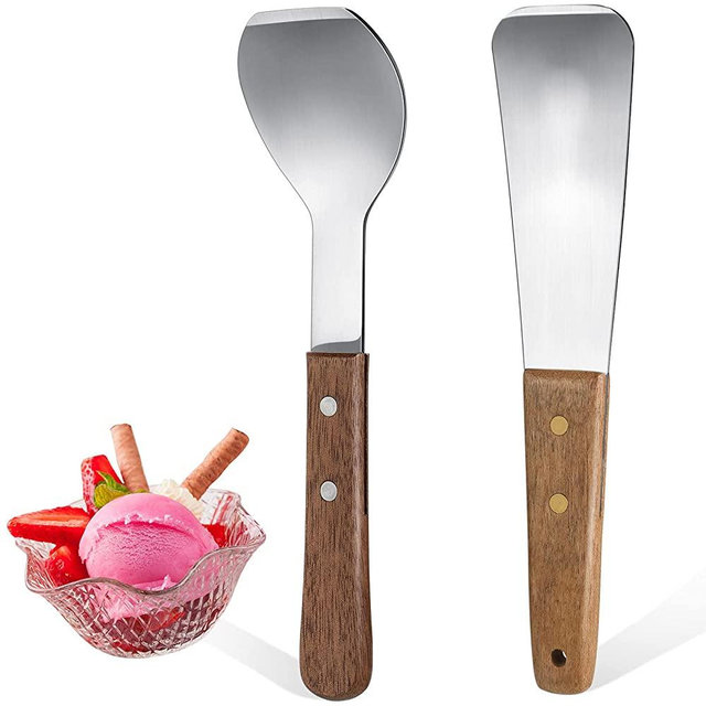 2 Pieces Ice Cream Scoop Stainless Steel Ice Cream Shovel with Wooden Handle Dessert Spade Butter Cutter Flat Ice Cream Metal Spade for Dining Kitchen Utensil, Home Commercial