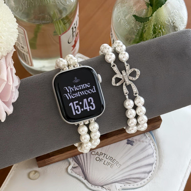 Pearl Apple Watch Band Coquette Bow Charm, Beaded Elastic iWatch Strap Series 10 9 8 7 SE Ultra, Silver Ribbon Bridal Bracelet Gift for Her