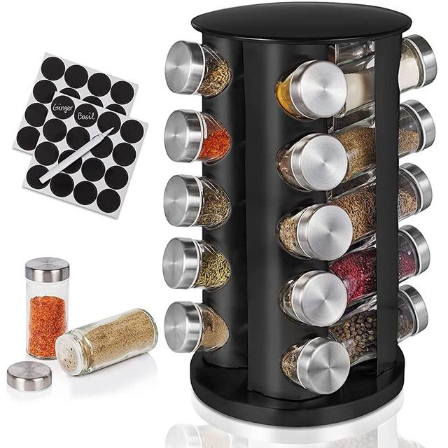 Spice Rack with 20 Jars, Spice Rack Organizer for Countertop, Spice Organizer for Cabinet, Rotating Standing Spice Holder with 32 Reusable Labels and 1 Mark Pen for Kitchen Spices (Black)