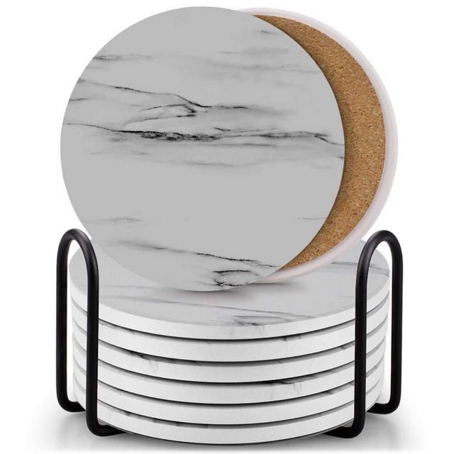 Set of 8 Coasters for Drinks ,EAGMAK Absorbent Marble Style Ceramic Drink Coaster with Holder for Coffee Wooden Table Home Decor(Grey)