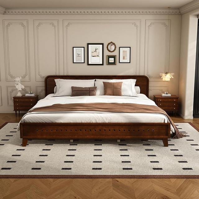 Merax King Size Pine Solid Wood Platform Bed, Mid-Century Modern Bed Frame, Wood Slat Support, No Box Spring Needed (Dark Walnut)