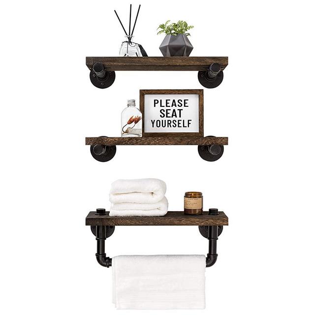 Mkono Floating Shelves with Industrial Pipe Brackets and Towel Bar Rustic Wall Mounted Wood Shelving Storage Farmhouse Home Decor for Bathroom Bedroom Kitchen Living Room Office, Set of 3