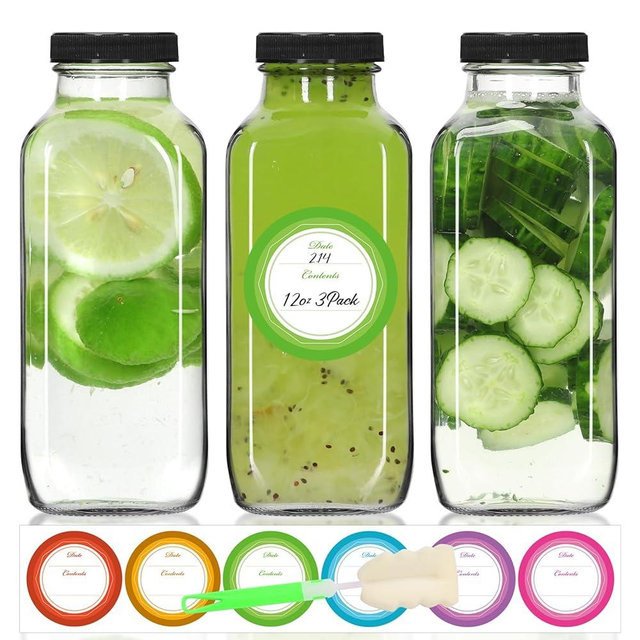 STARSIDE 12 oz Glass Juice Bottles with Lids,3 Pack Reusable Glass Drink Bottles,360ml Water Bottles for Milk,Juicing,Kombucha,Ginger,Beverage Glassware,Juice Drinking Jars