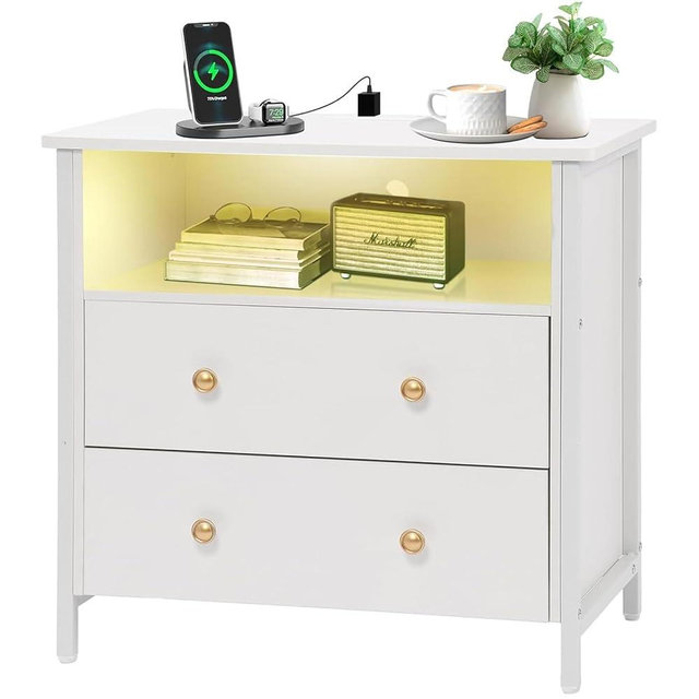 Tykacna 27 Inch Wide Night Stand, Large Wooden Night Stand with 2 Drawers, LED Nightstand with Charging Station and Adjustable Drawer, Bedside Table for Living Room/Bedroom/Study/Office, White.
