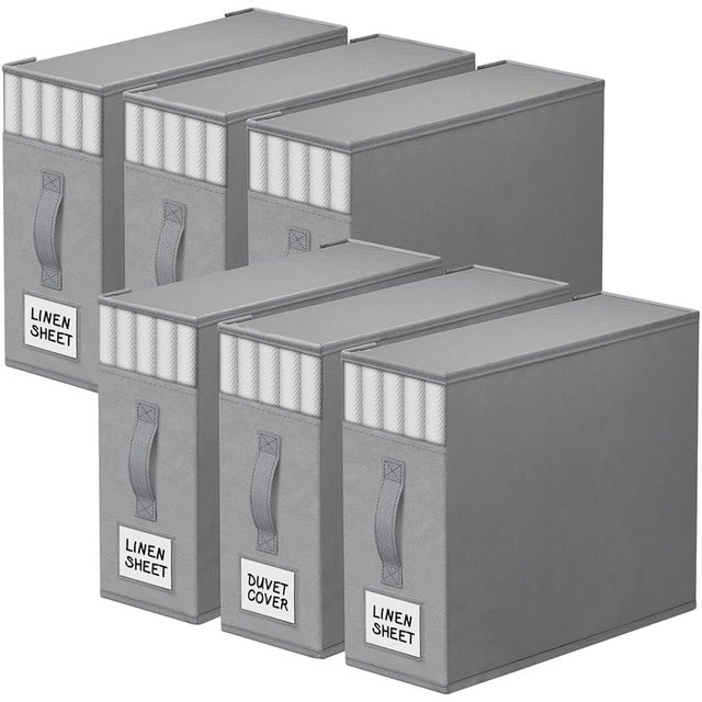 StorageTastic 6 Pack Bed Sheet Closet Organizers and Storage,Sturdy Foldable Storage Containers with Window and Label,Storage and Organization for Bedding Sheets,Duvet Covers,Blankets (Grey)