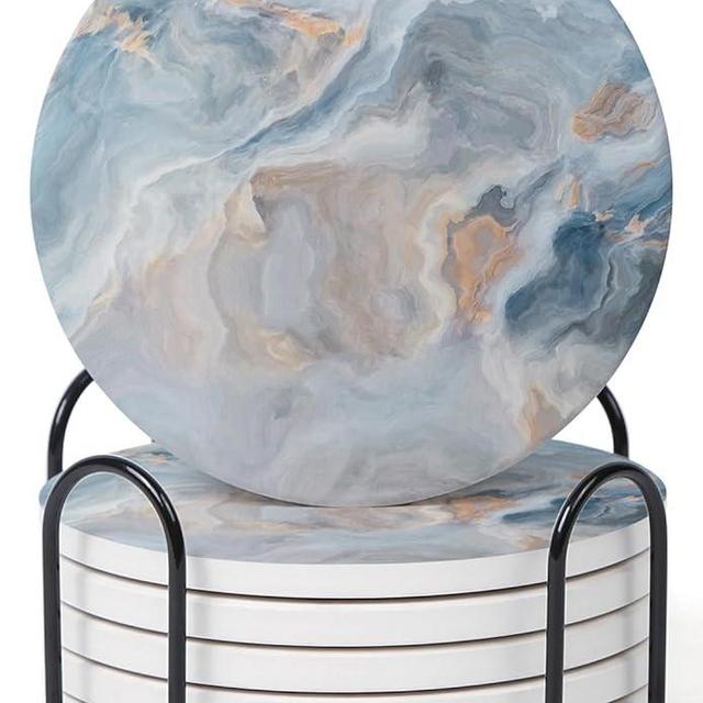 HoomeySet of 6 Abstract Blue Marble Coasters with Holder, Absorbent Ceramic Coasters for Drinks, Coasters with Cork Backing for Table Protection, Housewarming Gifts for New Home