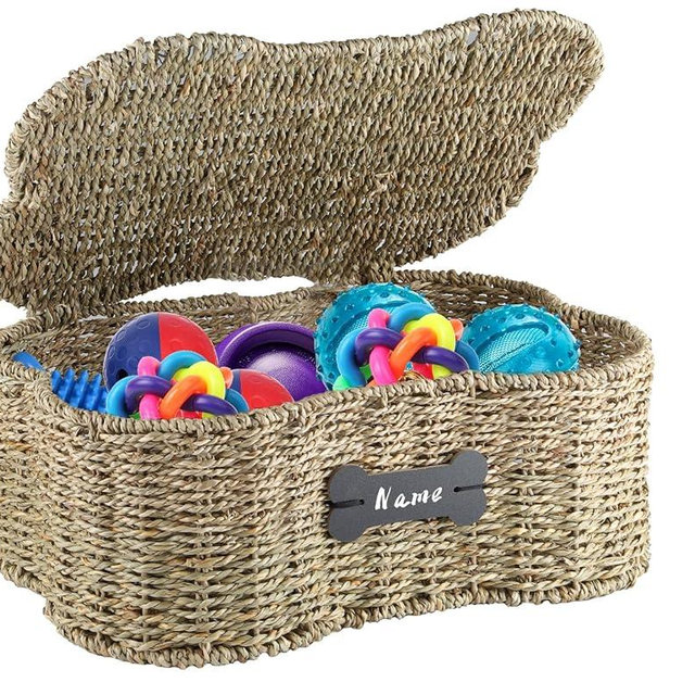 Brabtod Seagrass Wicker Baskets for Dog Toys,Bone Shaped Dog Toy Bin with Lid,Personalized Dog Toy Organizer Boxes for Living Room,Farmhouse Handmade Pet Dog Storage,Dog Stuff Organizer