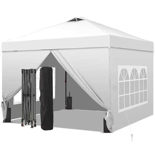 GDY 10x10 Pop Up Canopy Tent with 4 Sidewalls, Easy Set up with One Push Lift Outdoor Silver Coated Beach Gazebos, Carpas with 4 Sandbags, for Events, Parties,Camping, White.