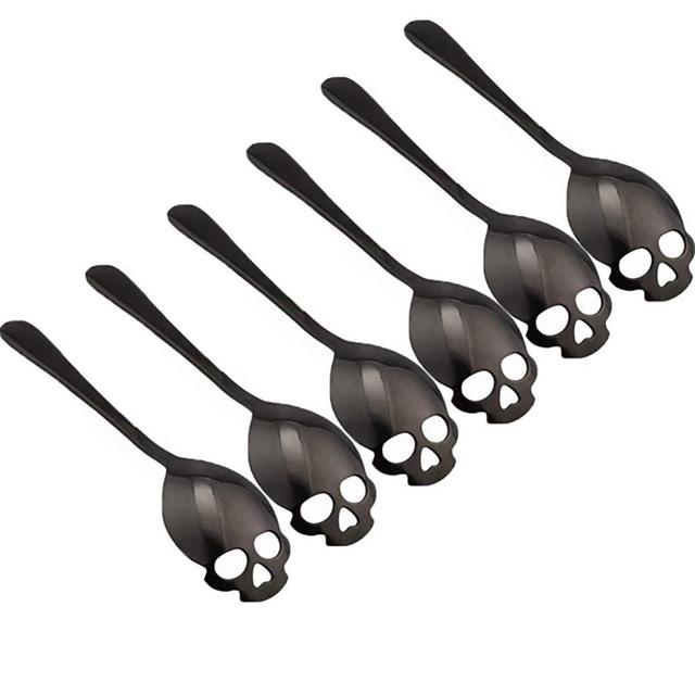 304 Stainless Steel Skull Sugar Spoon Dessert，Tea ，Coffee Stirring Spoon Set of 6 (Black)