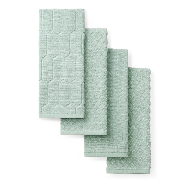 MARTHA STEWART Honeycomb Chambray Texture Kitchen Towel 4-Pack Set, 100% Cotton w/ Absorbent Terrycloth, Decorative Kitchen Towels, Mint Green 16"x28"